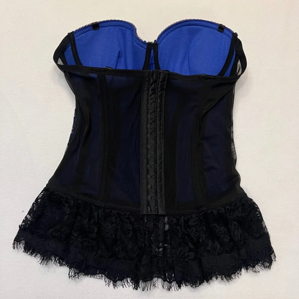 Seven til Midnight‎ Blue Black Lace Corset Burlesque Pin Up Bustier Top Size L